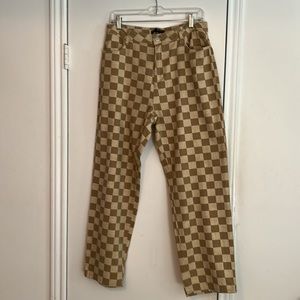 Cute edgy jeans in check pattern.  Strait wide legs.